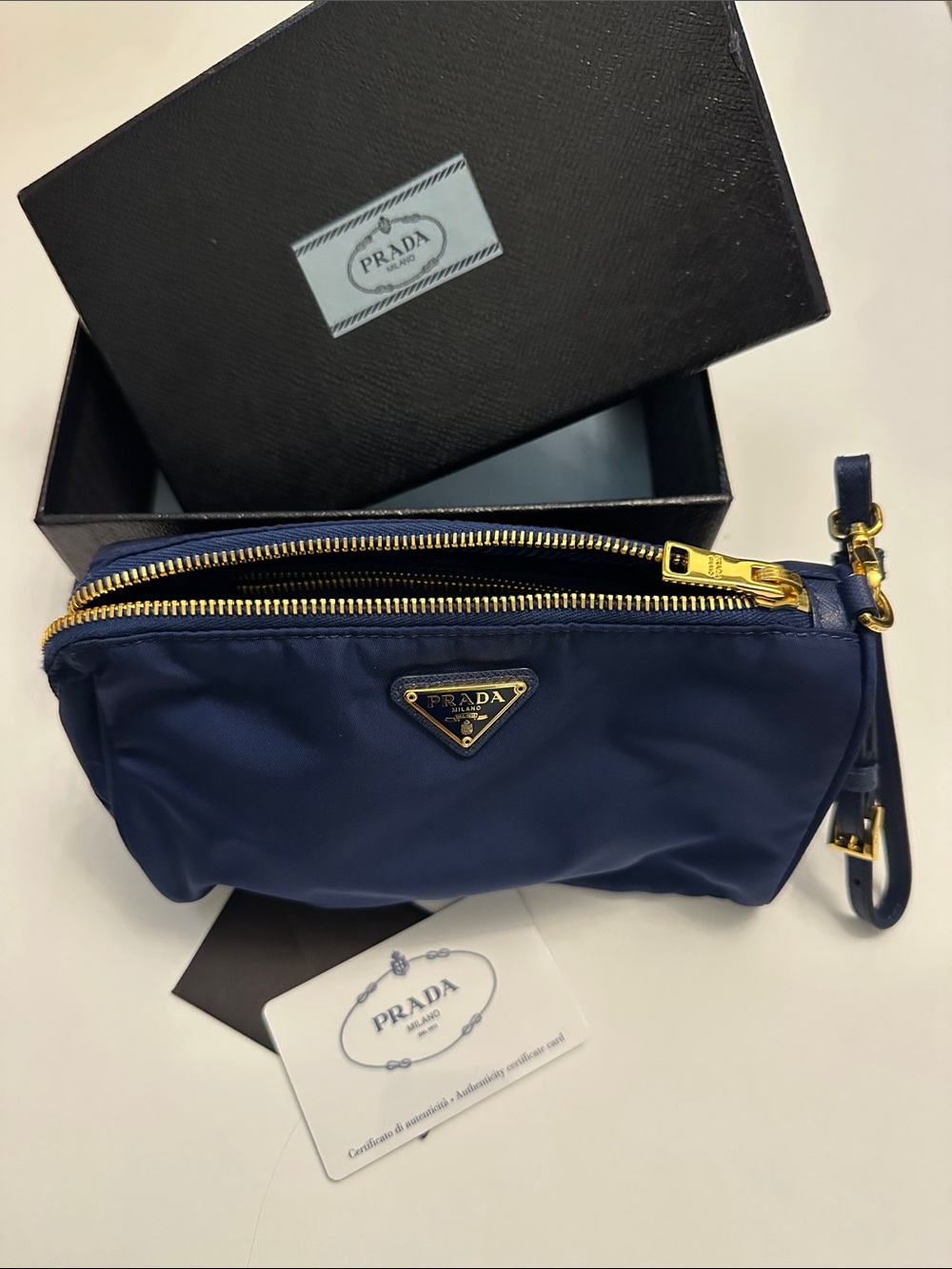Prada Navy Nylon Zip Wristlet with Gold-Tone Hardware